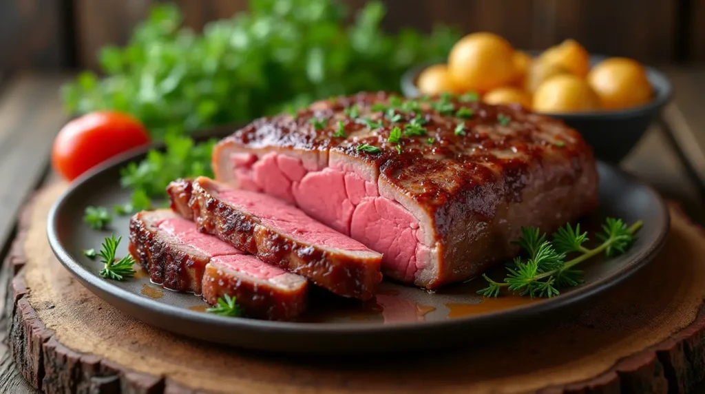 Rinderhüftsteak mit Beilage – Rinderhüftsteak wird mit einer köstlichen Beilage serviert, bereit zum Genießen.