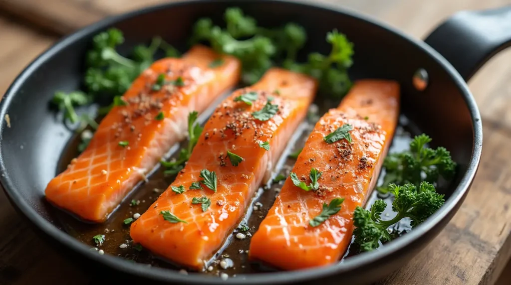 Frischer Lachs mit Zitronenscheiben – Lachsfilets, garniert mit Zitronenscheiben und frischen Kräutern.