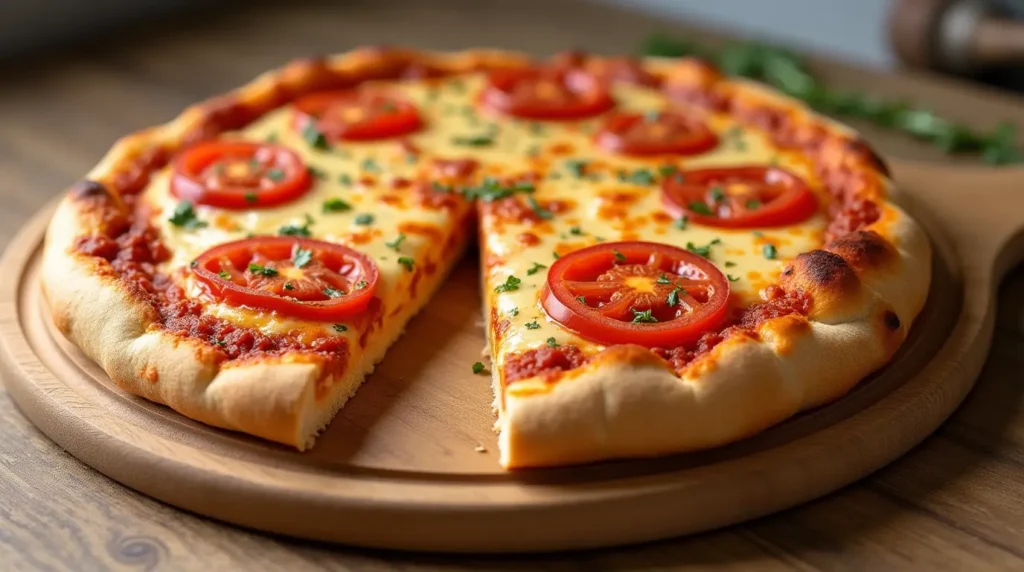 Ein fertiges Pizzabrötchen, aufgeschnitten, um die saftige Füllung und den geschmolzenen Käse zu zeigen, daneben ein Klecks Tomatensauce als Dip