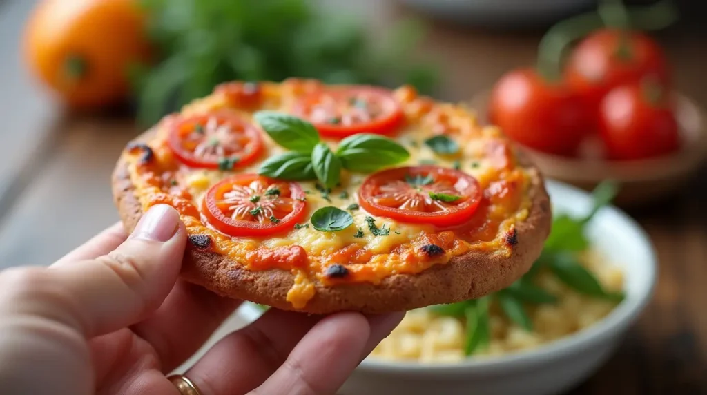 Eine Hand hält ein Pizzabrötchen, im Hintergrund eine Schale mit frischen Kräutern und getrockneten Tomaten als kreative Topping-Idee.