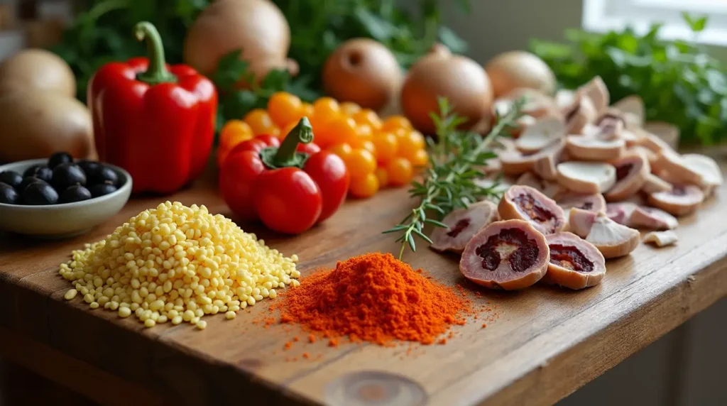 Zutaten auf einem hellen Küchentisch arrangiert – bunte Paprika, eine Schale Mais, geschnittene Champignons, Oliven, Kräuter und Käse, bereit zur Verarbeitung.