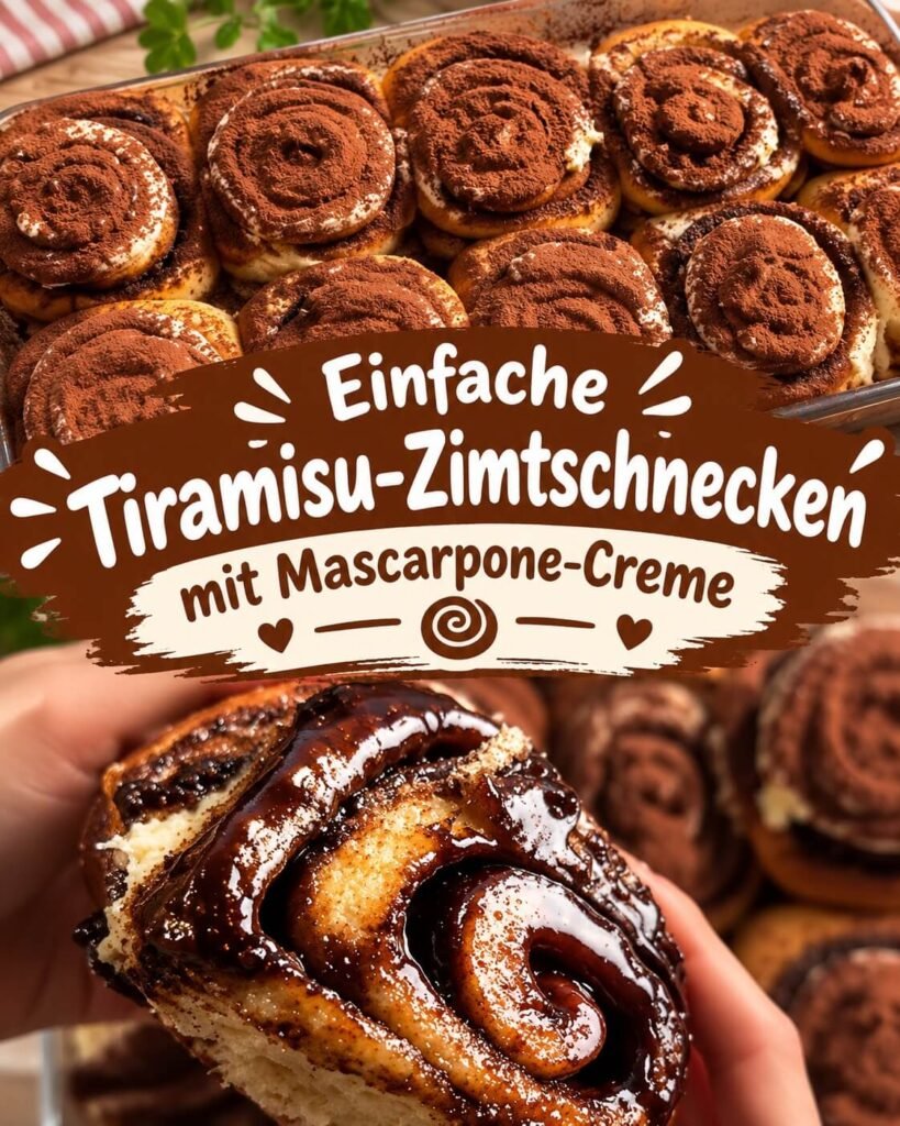 Tiramisu-Zimtschnecken mit cremiger Mascarpone-Creme, Zimtfüllung und feinem Kakaopulver