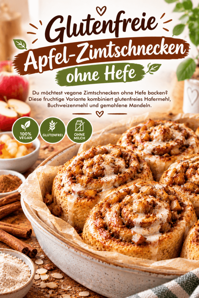 Glutenfreie Apfel-Zimtschnecken ohne Hefe mit saftigen Apfelstücken, Zimtfüllung und süßem Zuckerguss