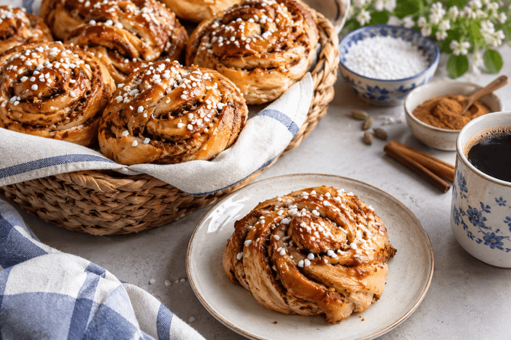 Schwedische Kanelbullar mit Zimt, Kardamom und Hagelzucker, goldbraun gebacken