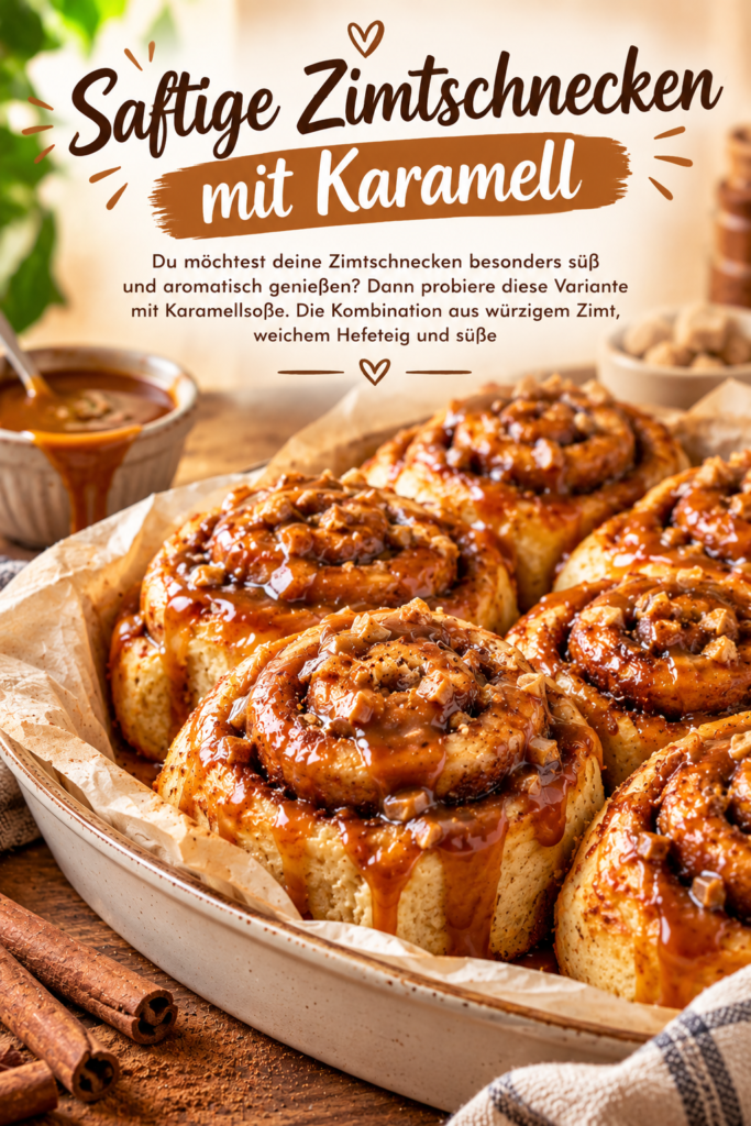 Saftige Zimtschnecken mit goldbraunem Hefeteig, aromatischer Zimtfüllung und cremiger Karamellsoße