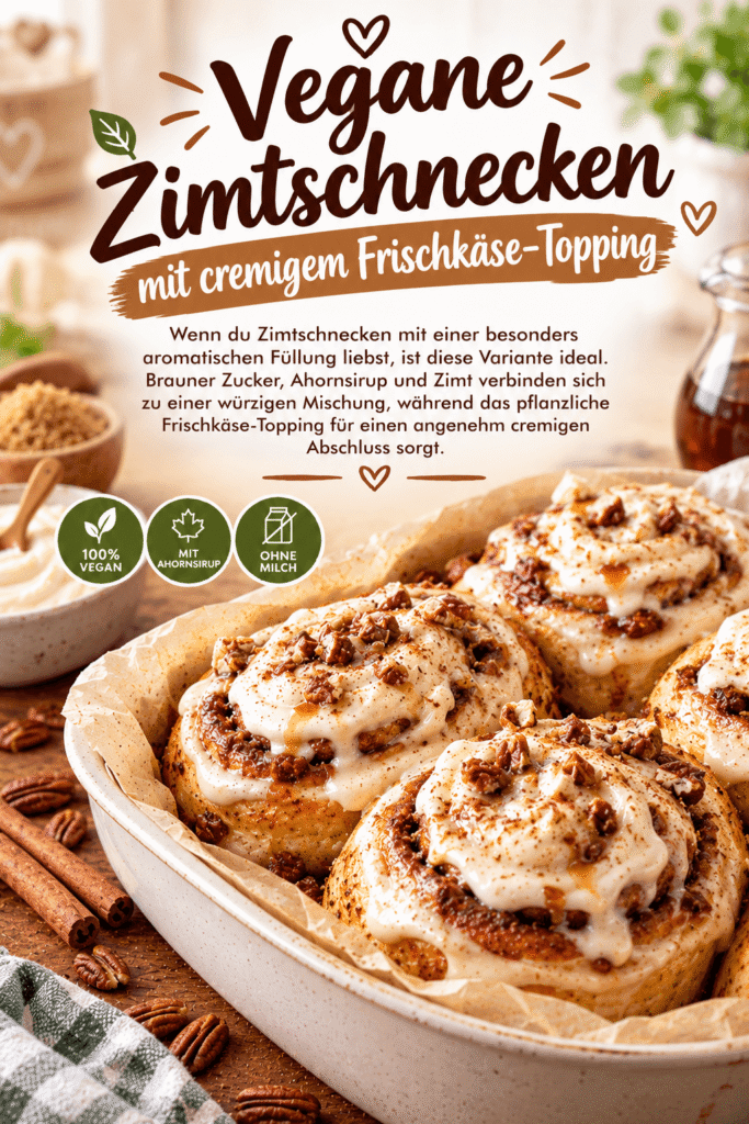 Vegane Zimtschnecken mit cremigem pflanzlichem Frischkäse-Topping, Zimt und braunem Zucker
