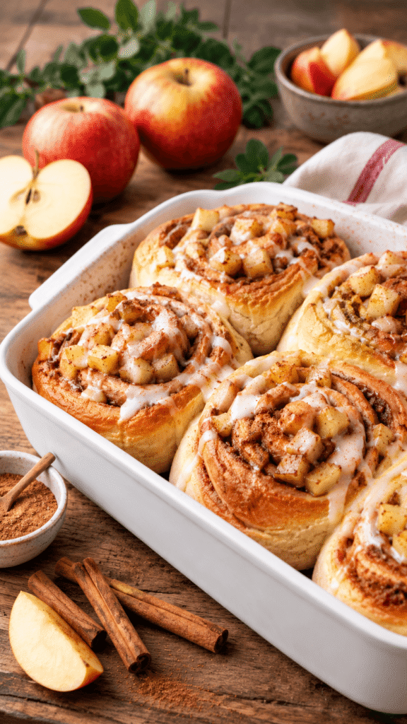 Saftige Zimtschnecken mit Apfel und Zimt, Zuckerguss und frischen Äpfeln in einer weißen Auflaufform.