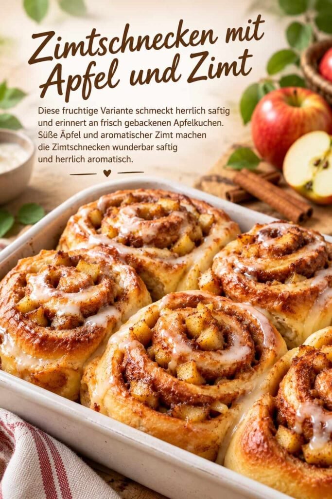 Saftige Zimtschnecken mit süßen Apfelstücken und aromatischer Zimtfüllung, goldbraun gebacken