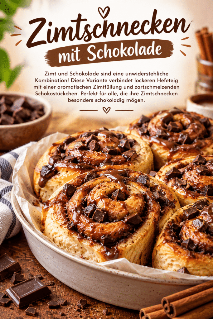 Fluffige Zimtschnecken mit Schokolade und aromatischer Zimtfüllung, goldbraun gebacken