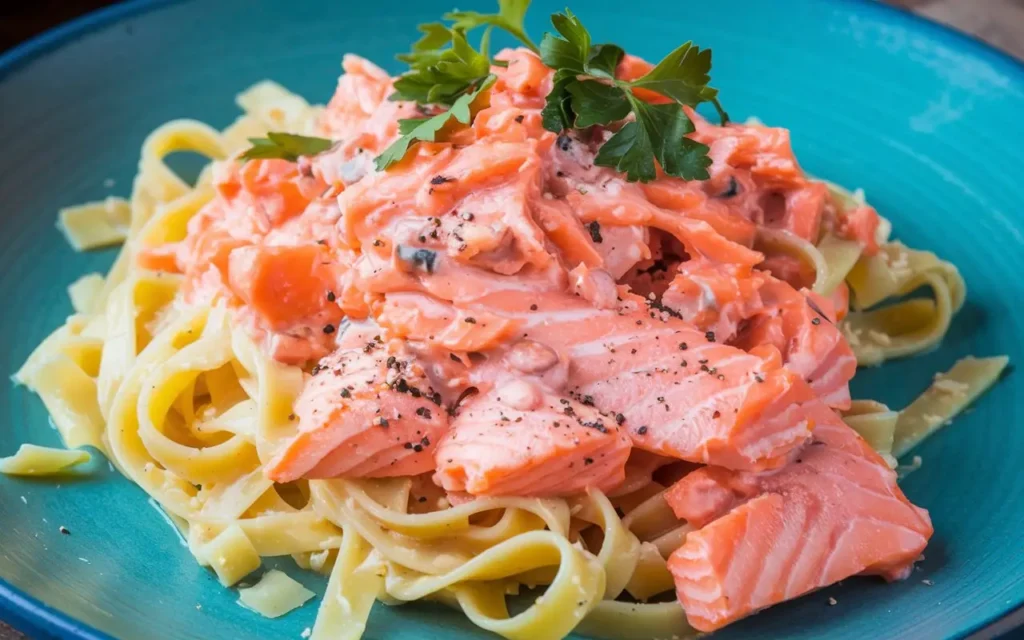 Delicious plate of Tagliatelle al Salmone with salmon, pasta, and creamy sauce.