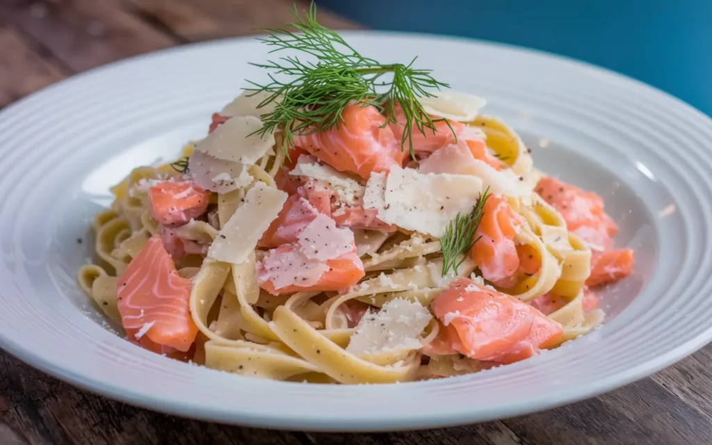 Tagliatelle al Salmone, a simple and delicious Italian pasta dish with salmon and creamy sauce.