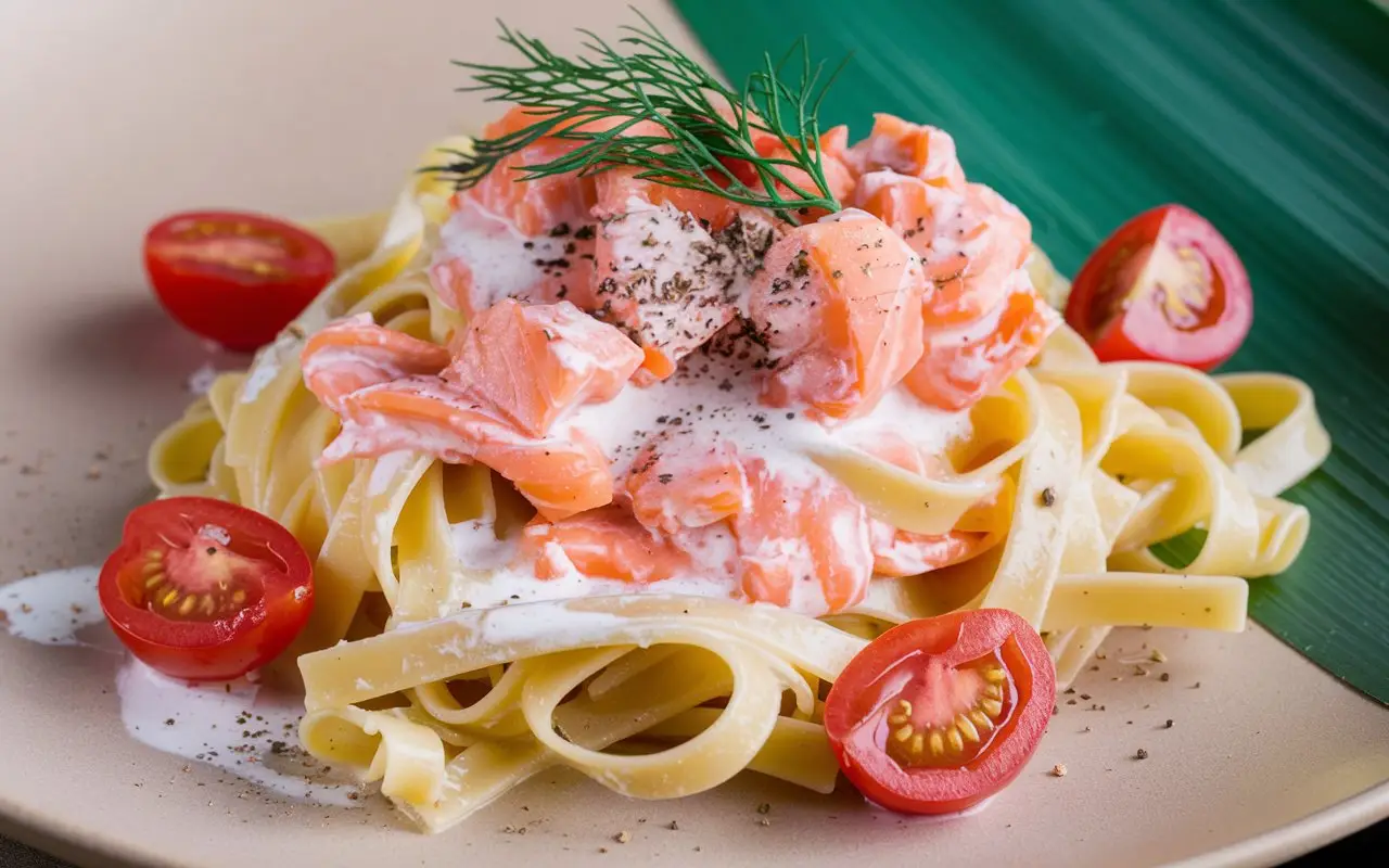 Simple and tasty Tagliatelle al Salmone with creamy sauce and salmon chunks.