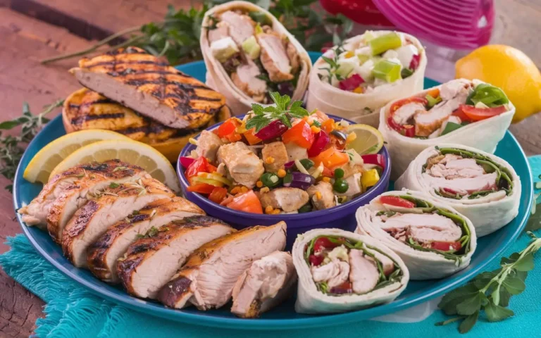 Healthy chicken recipes for muscle growth, featuring grilled chicken and fresh vegetables.