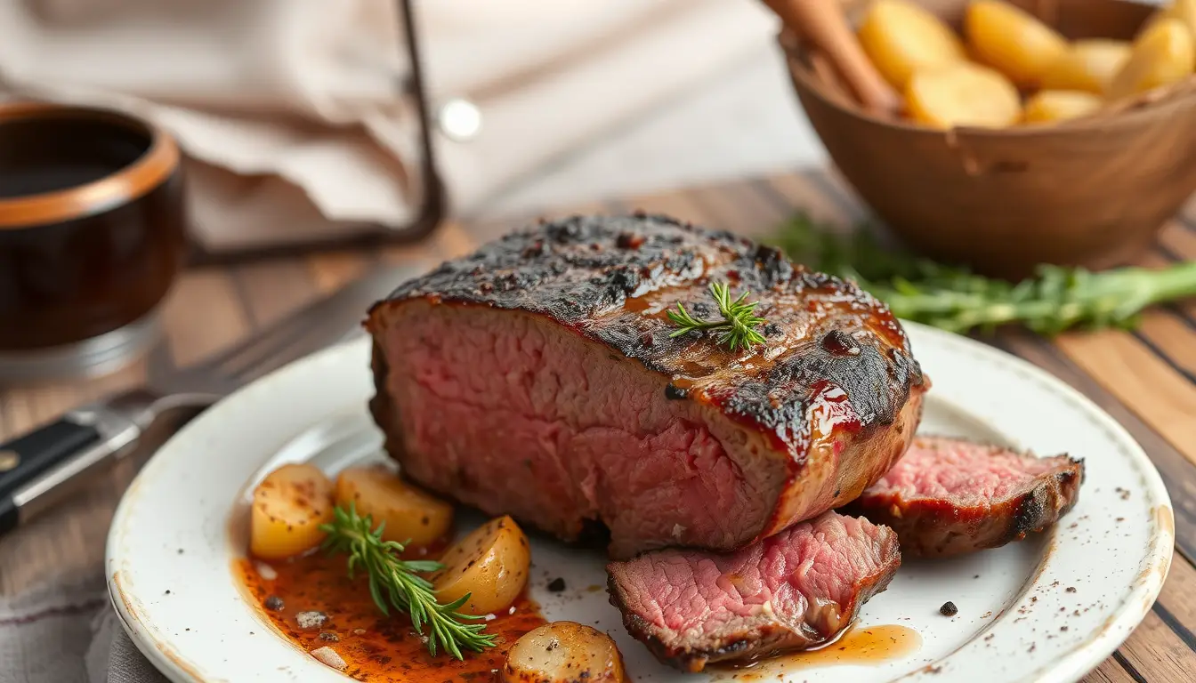 Rinderhüftsteak in der Pfanne braten – Ein saftiges Rinderhüftsteak wird in einer heißen Pfanne gebraten.