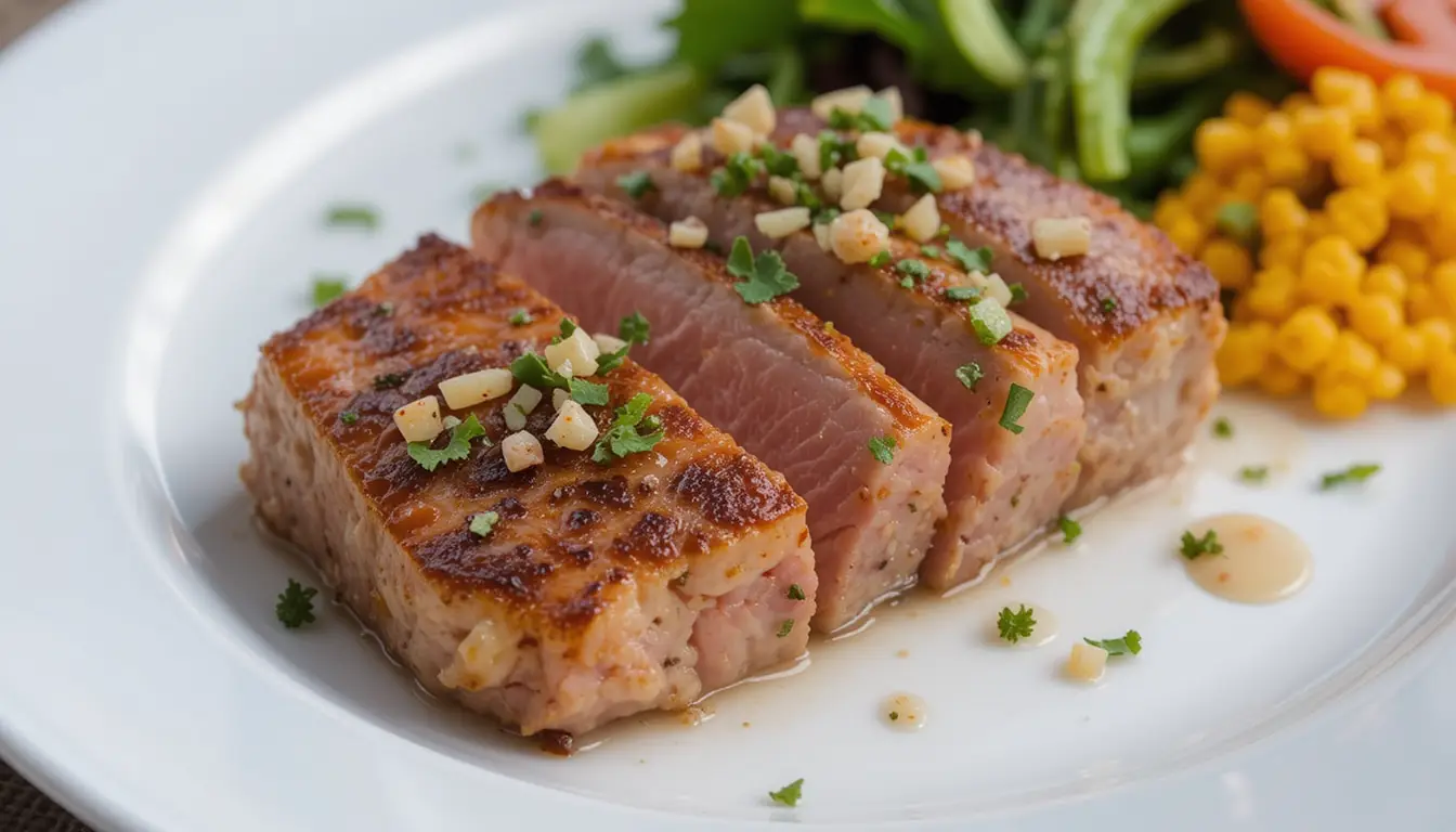Thunfischsteak in der Pfanne – Ein Thunfischsteak wird in einer heißen Pfanne gebraten