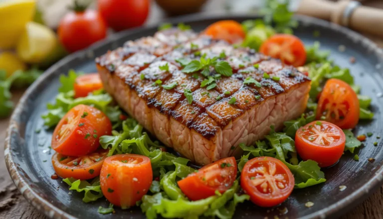 Saftiges Thunfischsteak – Thunfischsteak, das außen goldbraun und innen zart und saftig ist.