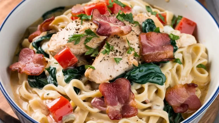 Knoblauchnudeln mit Tomaten und Spinat – Ein Teller Nudeln in einer cremigen Knoblauchsauce mit Hähnchen, Spinat, Speck und Tomaten.