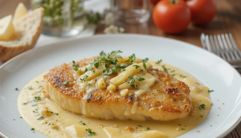 Tender chicken fillet in a creamy fresh cheese and Parmesan sauce, served as a delicious dinner dish.